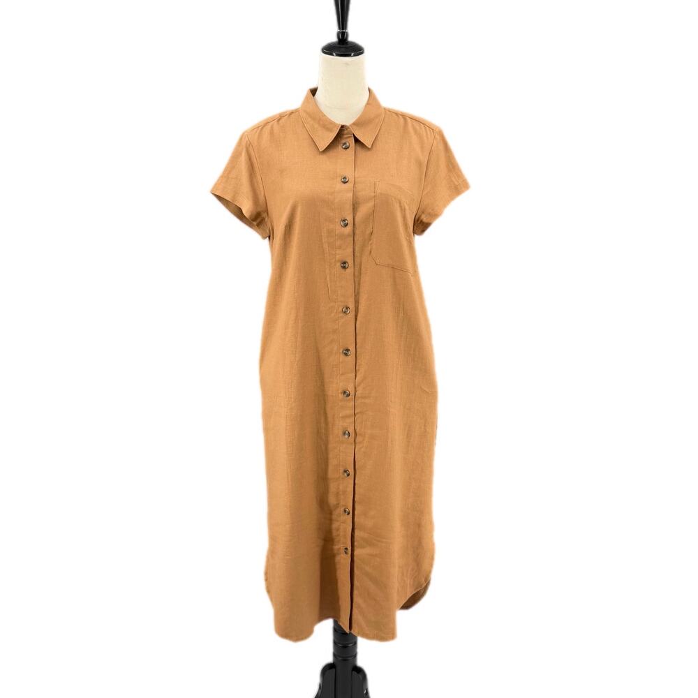 Universal Standard NEW Tan Linen Blend Everyday Simple Basic Midi Shirt Dress